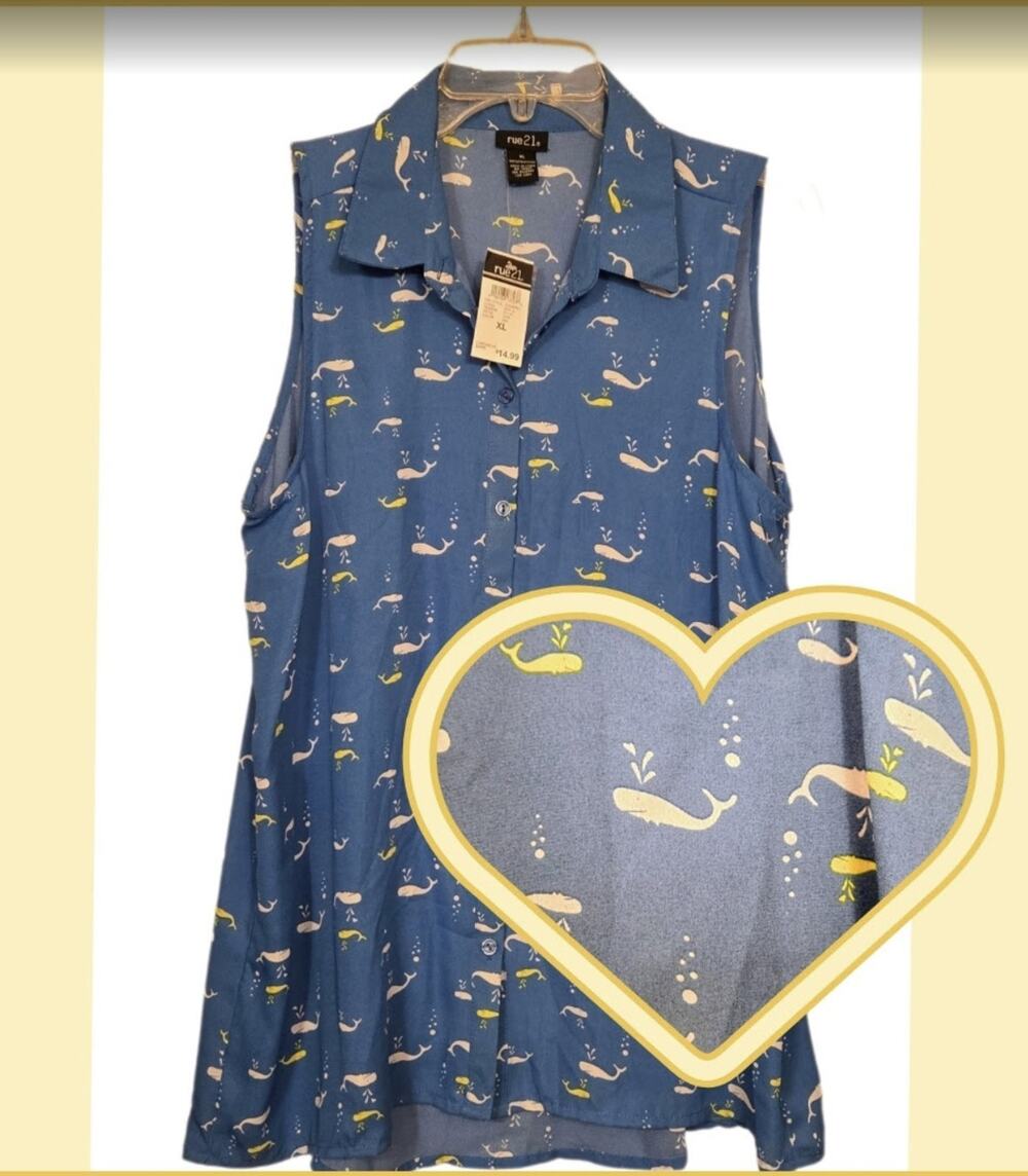 NWT Rue 21 Blue Collared Whale Print Sleeveless Button Up Tank - Women's Size XL